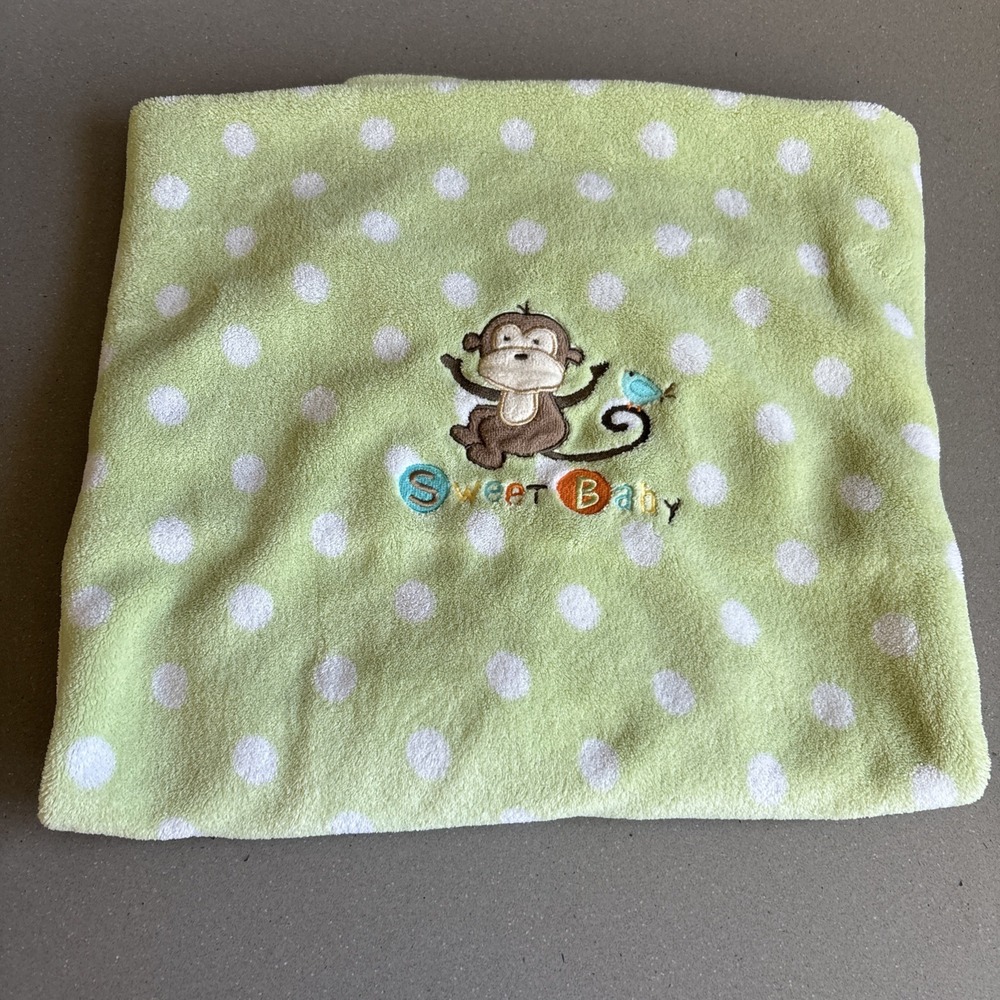 Garanimals Green White Polka Dot Dots Sweet BABY Monkey Fleece Plush Blanket